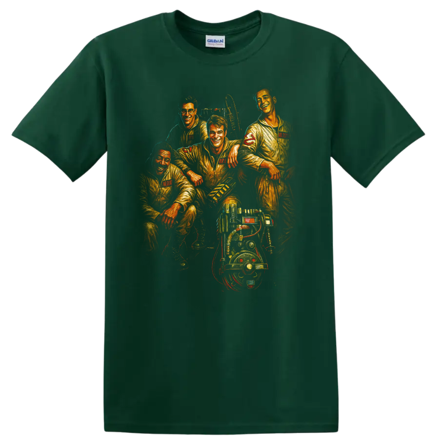 Ghostbusters team portrait with ghostbusting gear on a T shirt on a Forest Green T Shirt