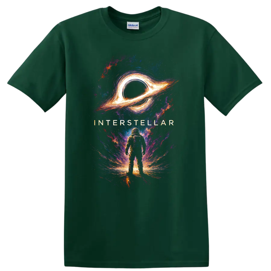 Interstellar astronaut standing beneath glowing black hole cosmic artwork T Shirt on a Forest Green T Shirt