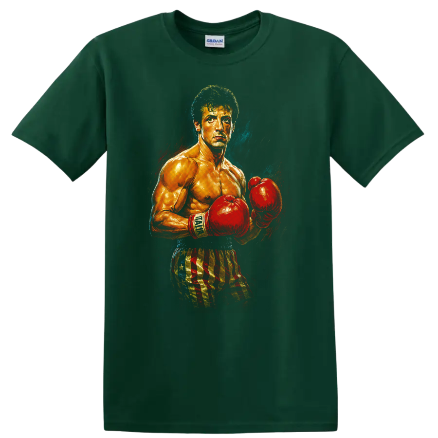 Rocky-inspired boxer portrait with red gloves and American flag shorts on a T shirt on a Forest Green T Shirt