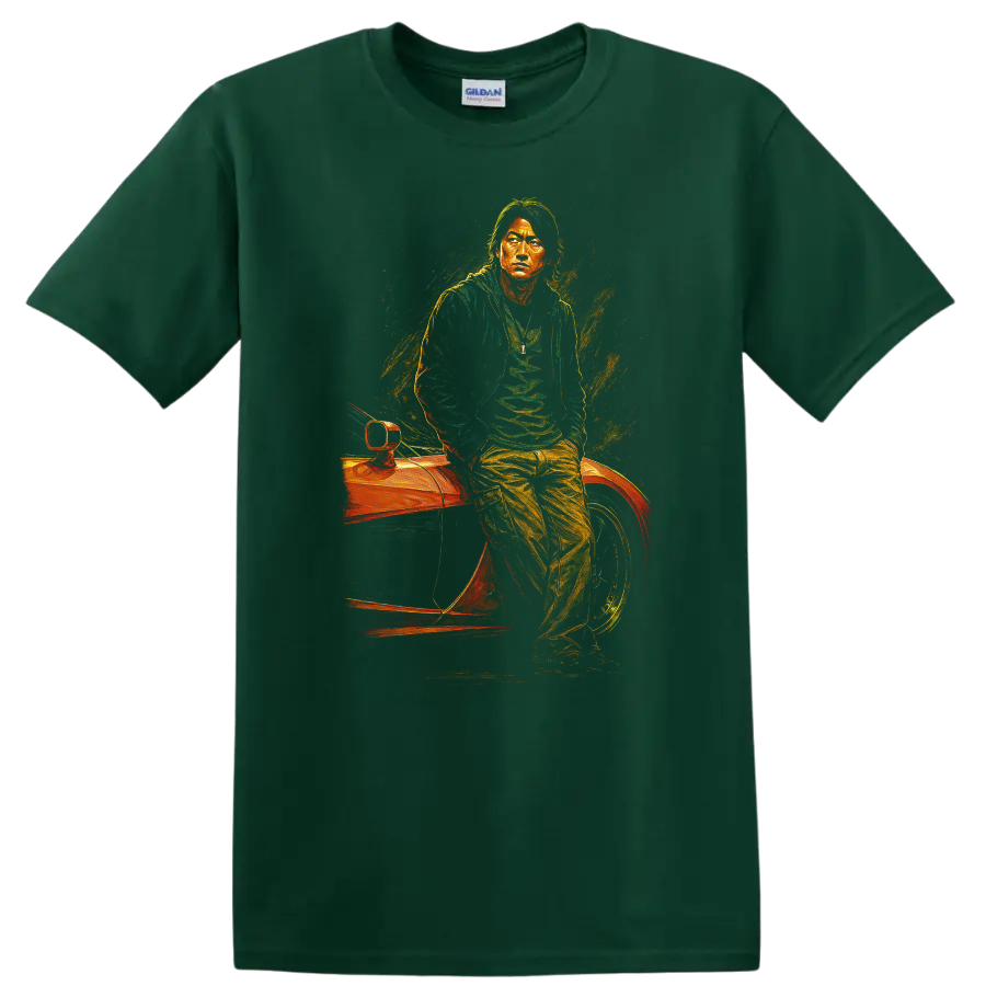 Neon street racing portrait inspired by The Fast and the Furious Tokyo Drift T Shirt on a Forest Green T Shirt