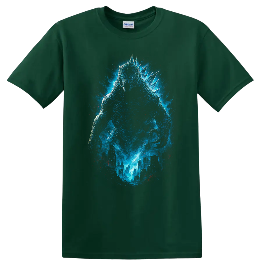 Blue Godzilla Minus One monster rising over a city with glowing energy, cinematic T-shirt - Forest Green