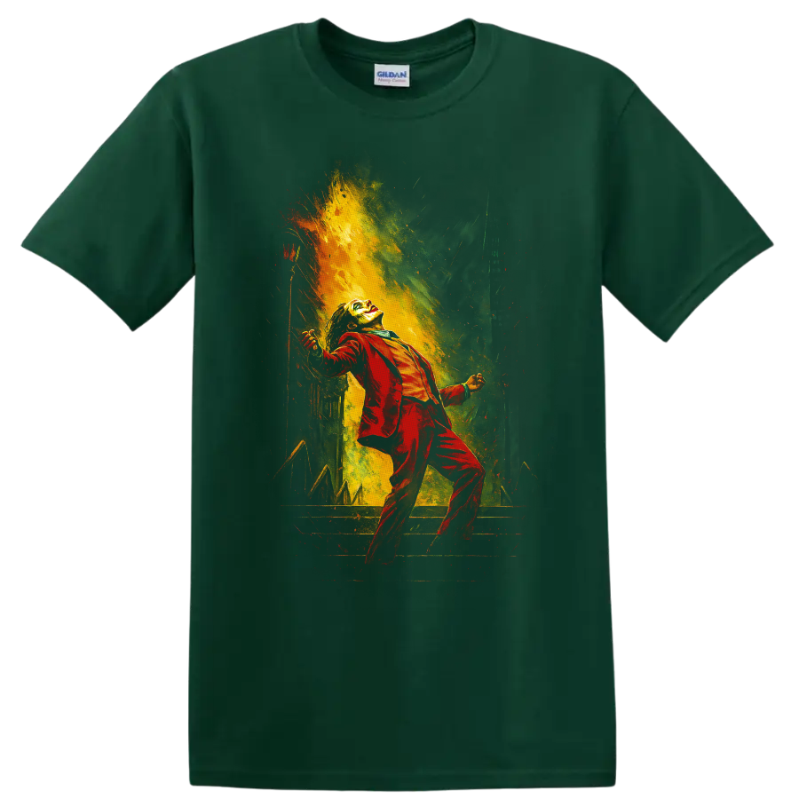 Joker in red suit with dramatic comic-style color burst graphic T shirt on a Forest Green T Shirt