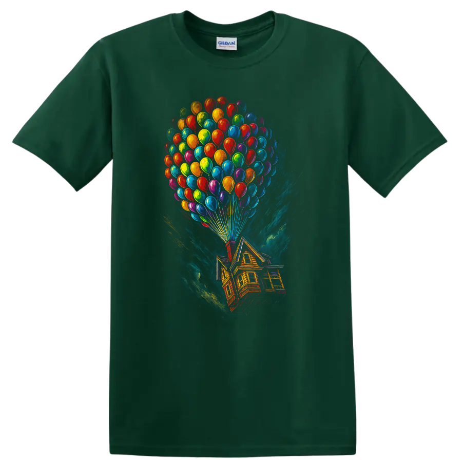 Colorful floating house and balloon movie-inspired T-shirt design on a Forest Green T Shirt