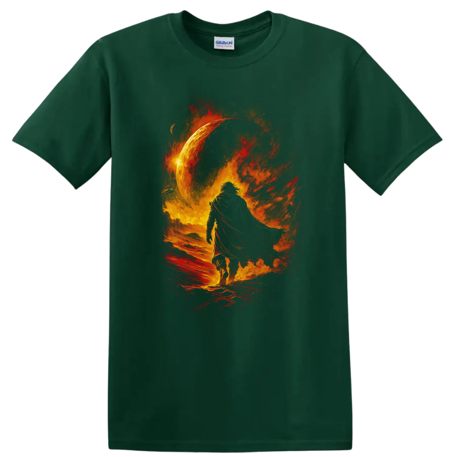 Cloaked figure walking through fiery cosmic scene with glowing planet graphic on a Forest Green T Shirt