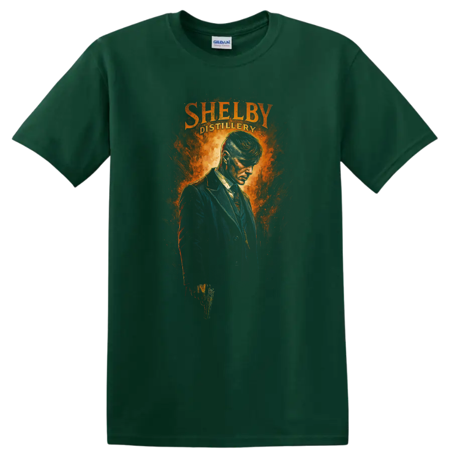 Fiery Shelby Distillery portrait artwork with man in dark suit T shirt on a Forest Green T Shirt