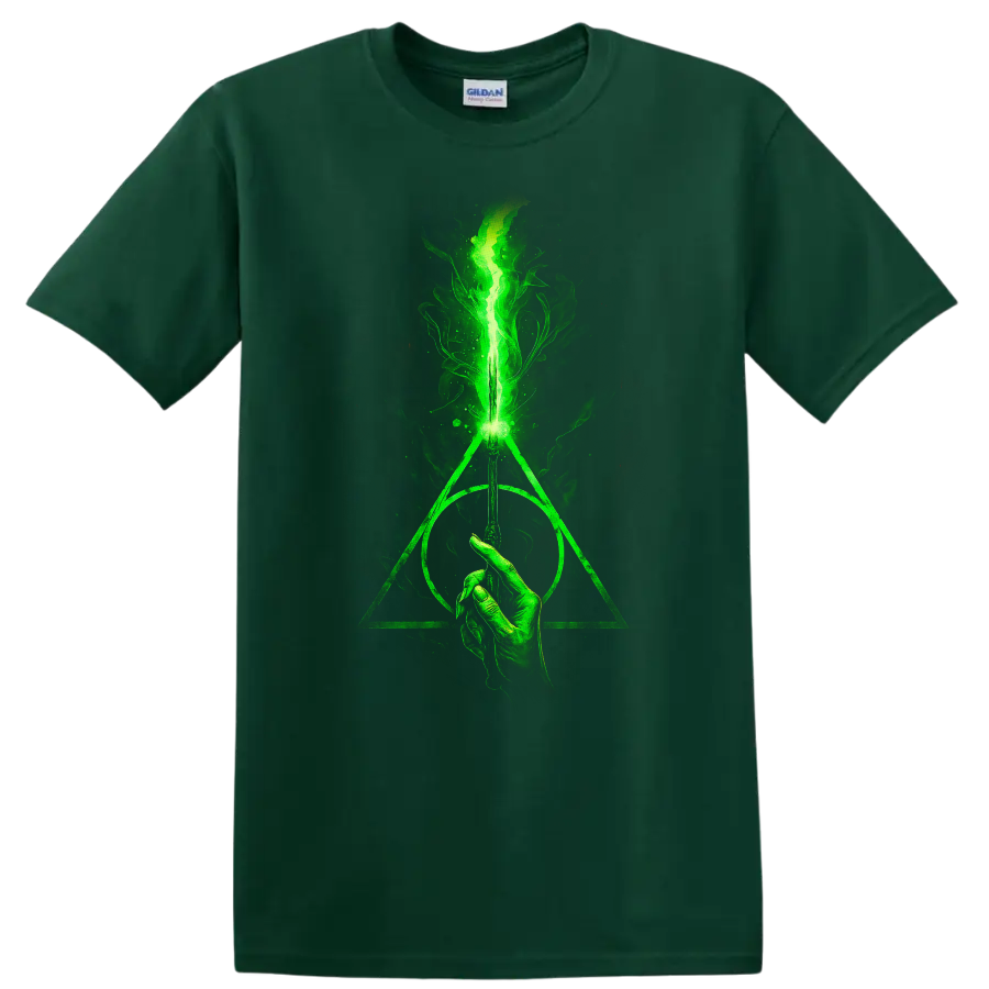 Green glowing wand with Deathly Hallows symbol and smoky flame design on black T shirt on a Forest Green T Shirt