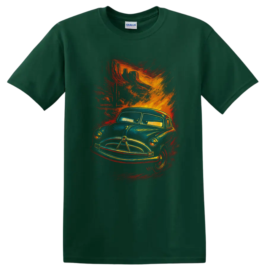 Vintage blue truck character art with fiery red orange brush strokes on a T shirt on a Forest Green T Shirt
