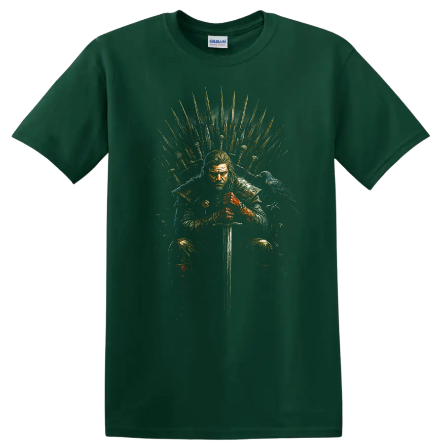 Game of Thrones warrior seated on the Iron Throne with sword and raven on a Forest Green T Shirt