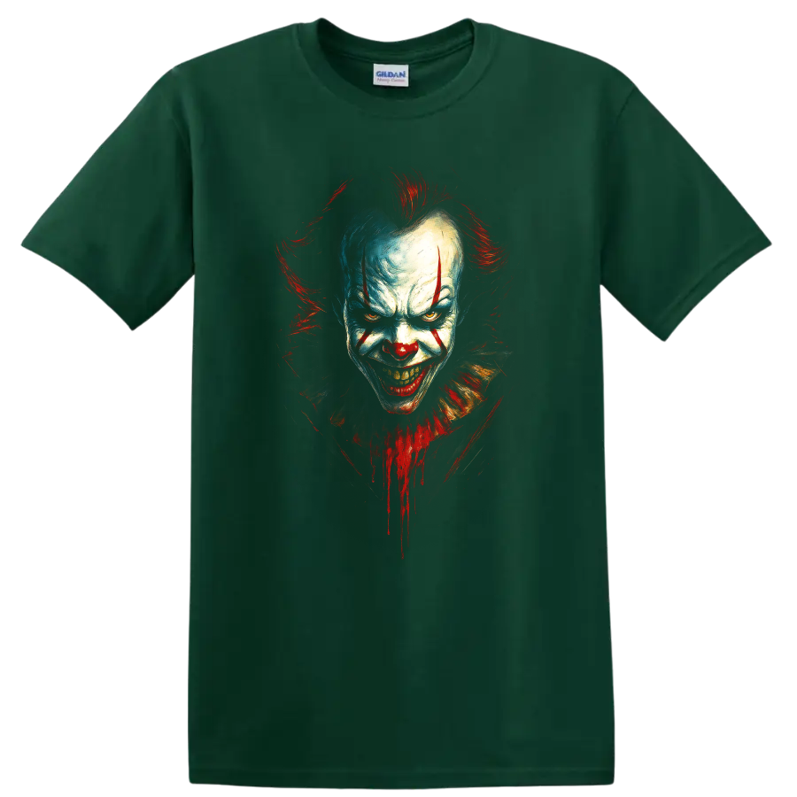 Pennywise horror clown face with red and blue paint on a black T shirt on a Forest Green T Shirt