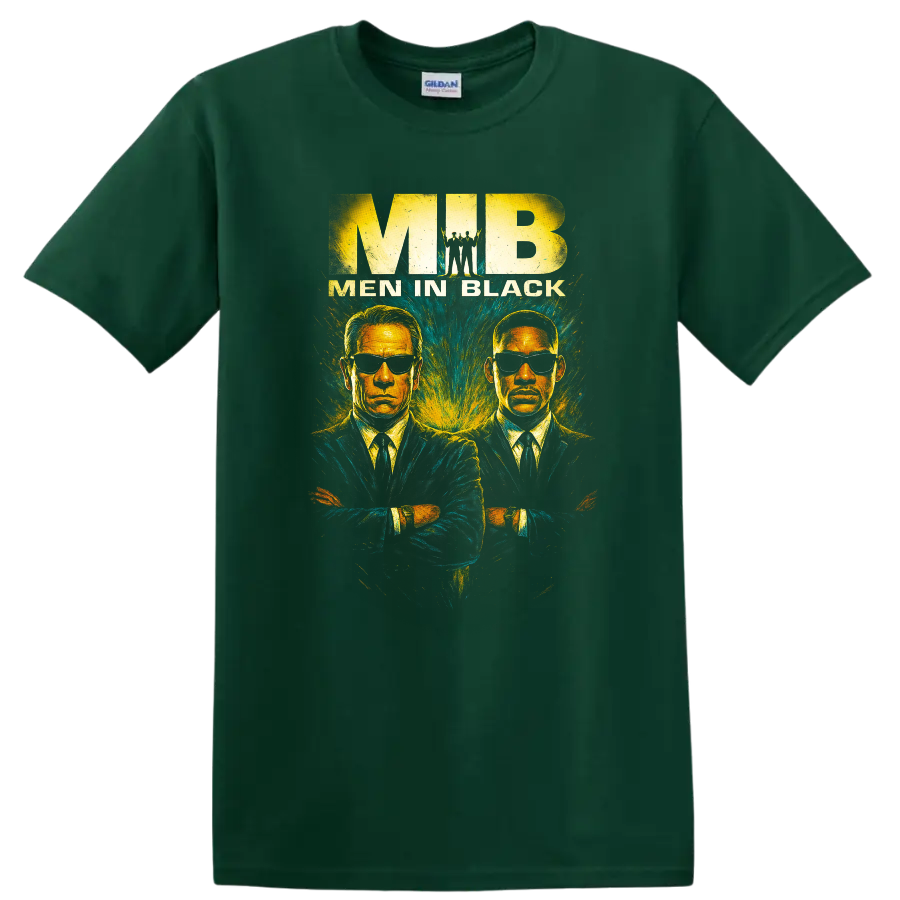 Men in Black graphic T Shirt with two suited agents in sunglasses and vintage poster style on a Forest Green T Shirt