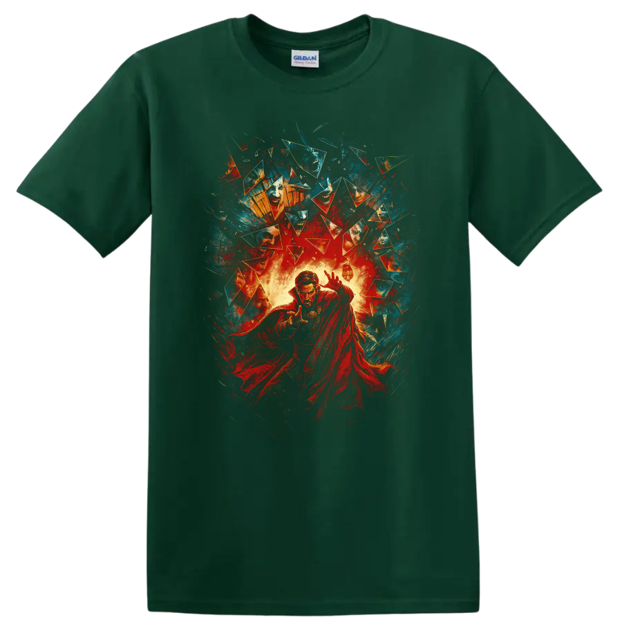 Doctor Strange comic art with magical energy and shattered fragments on a T Shirt on a Forest Green T Shirt