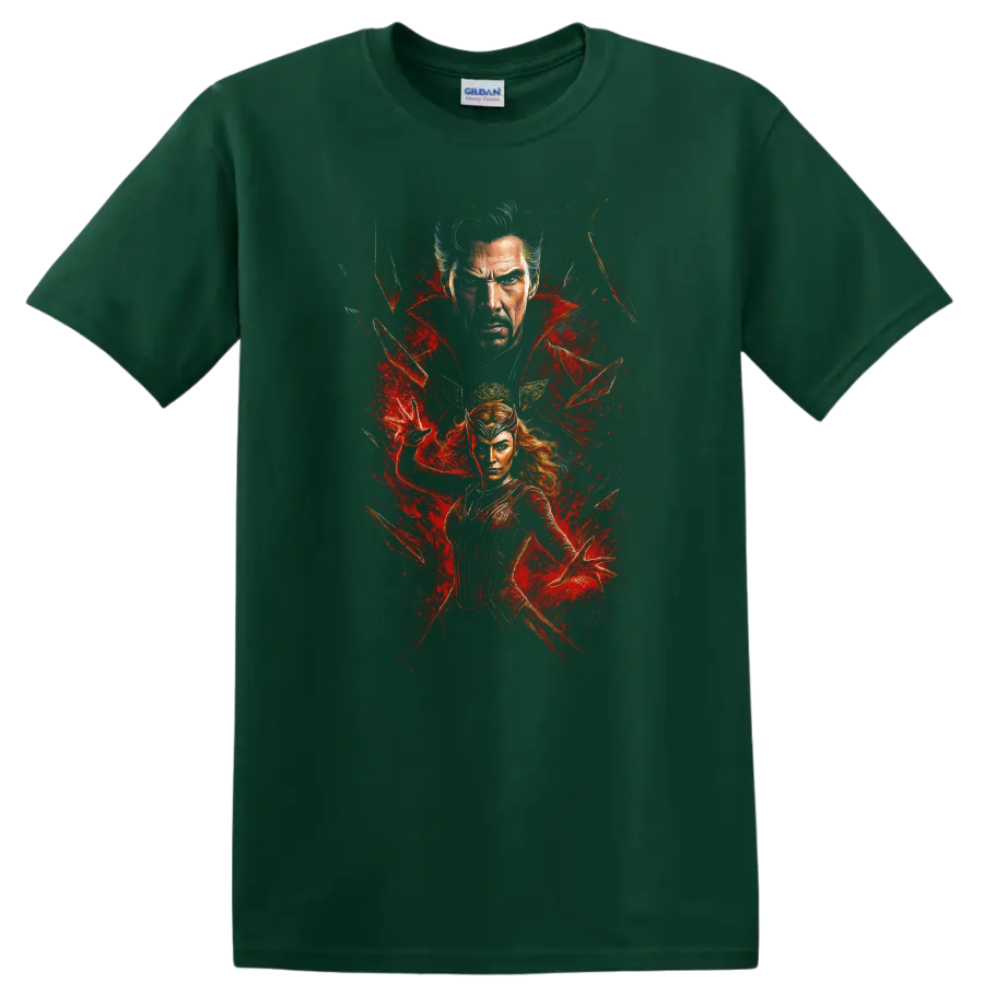 Doctor Strange and Scarlet Witch red comic art T-shirt on a Forest Green T Shirt