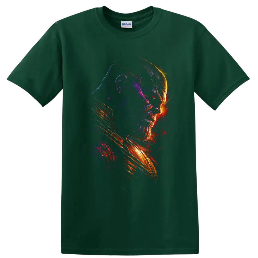 Thanos side-profile cosmic rage neon graphic T shirt on a Forest Green T Shirt