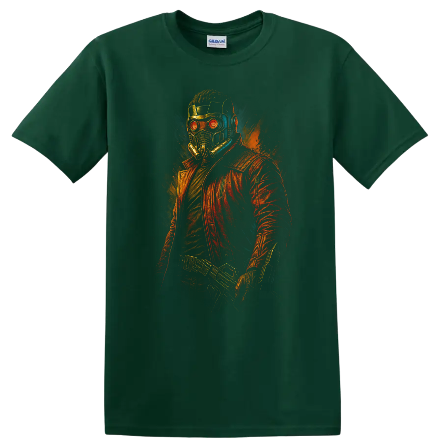 Guardians of the Galaxy inspired Star-Lord helmet and red jacket neon comic T shirt on a Forest Green T Shirt