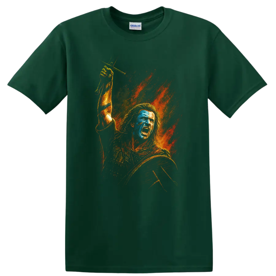 Braveheart-inspired warrior battle cry artwork with fiery background on T shirt on a Forest Green T Shirt