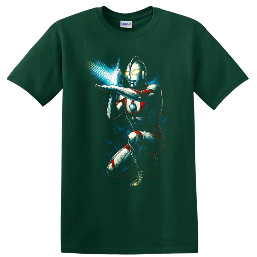 Ultraman action pose with blue energy blast retro comic style T shirt on a Forest Green T Shirt