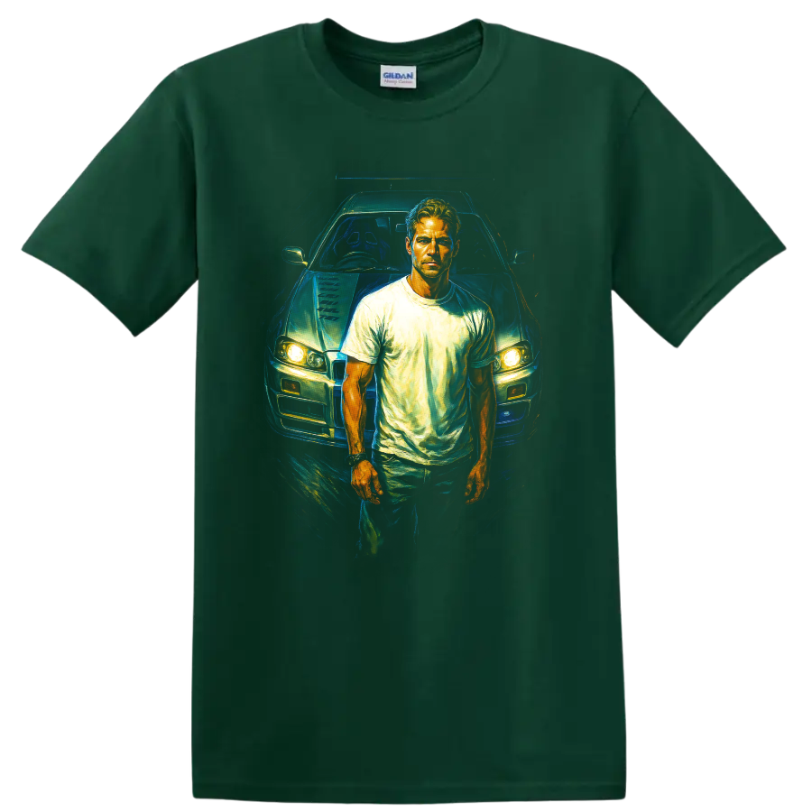 Fast and Furious inspired driver standing in front of a car graphic T shirt on a Forest Green T Shirt