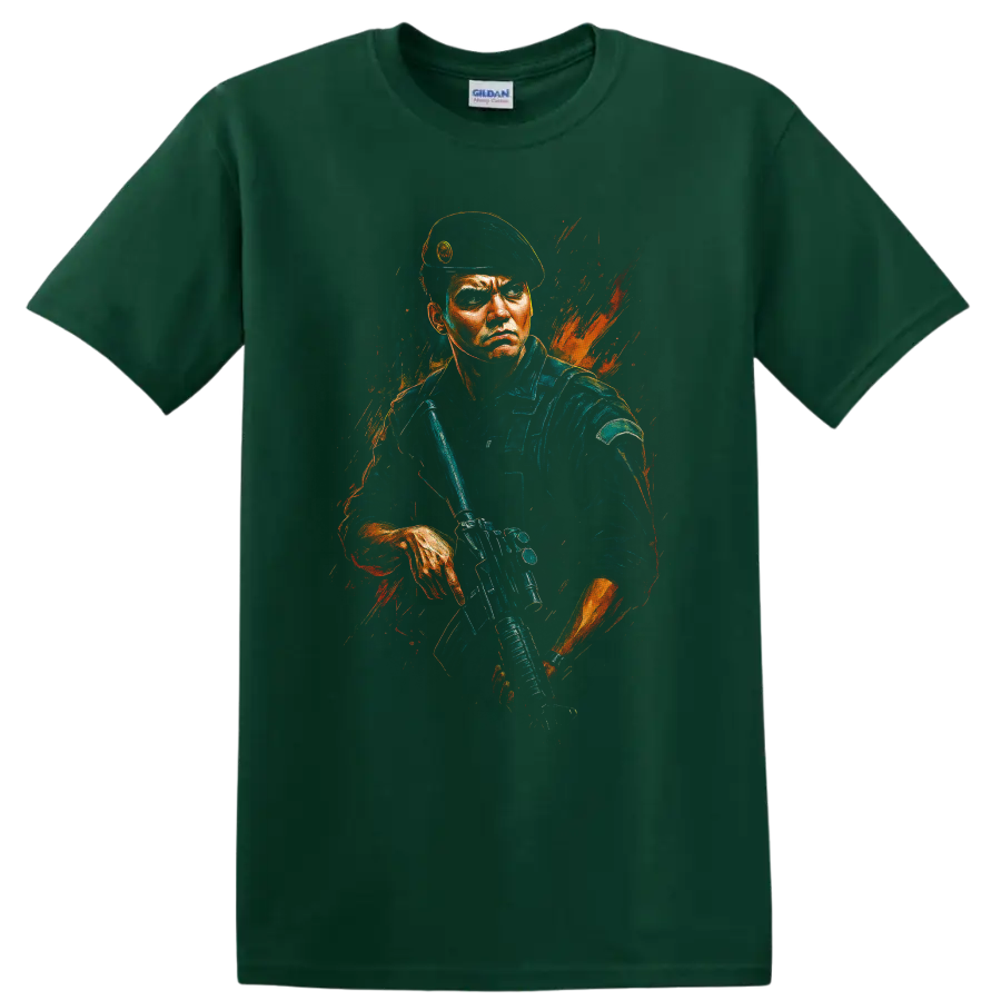 Tactical soldier in beret holding rifle with orange paint splash graphic T shirt on a Forest Green T Shirt