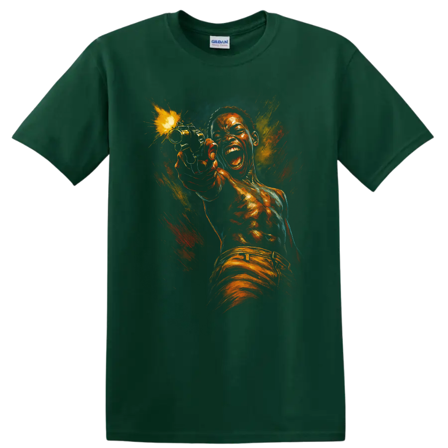 Dramatic painted action portrait graphic T shirt with explosive orange and blue colors on a Forest Green T Shirt