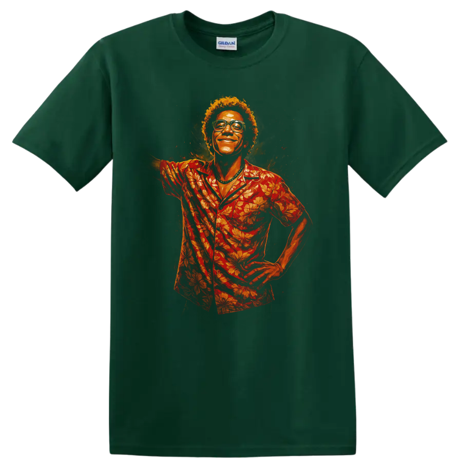 Cinematic portrait of smiling man in red floral shirt for Cidade de Deus City of God T Shirt on a Forest Green T Shirt