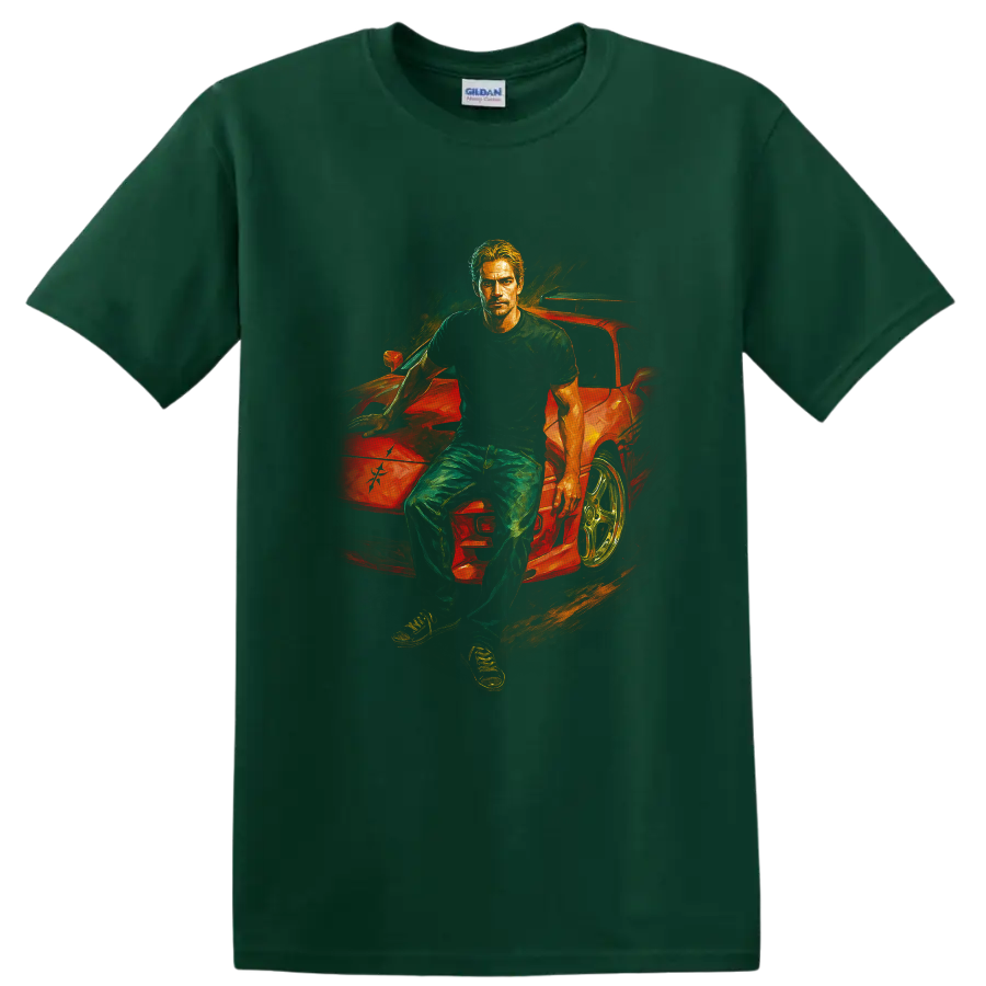 Movie-inspired artwork of a man leaning on a red sports car on a black T shirt on a Forest Green T Shirt