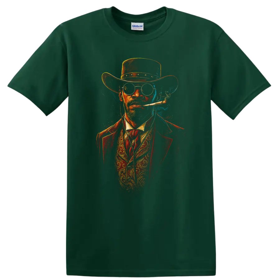 Django Unchained inspired cowboy portrait with hat, glasses, cigar, and smoky Western style on a Forest Green T Shirt