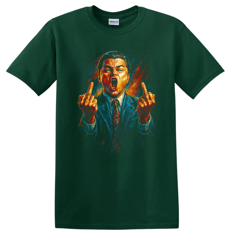 Pop art portrait of a suited man with raised middle fingers, The Wolf of Wall Street T-shirt on a Forest Green T Shirt