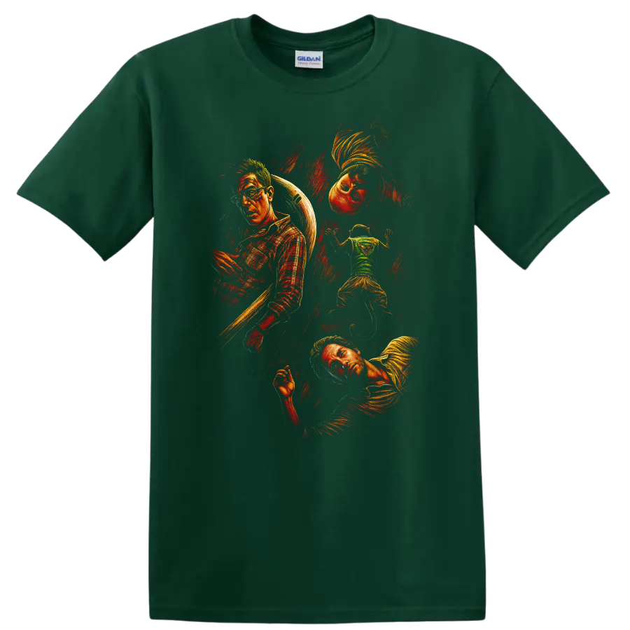The Hangover movie collage artwork with multiple characters in vintage style T Shirt on a Forest Green T Shirt