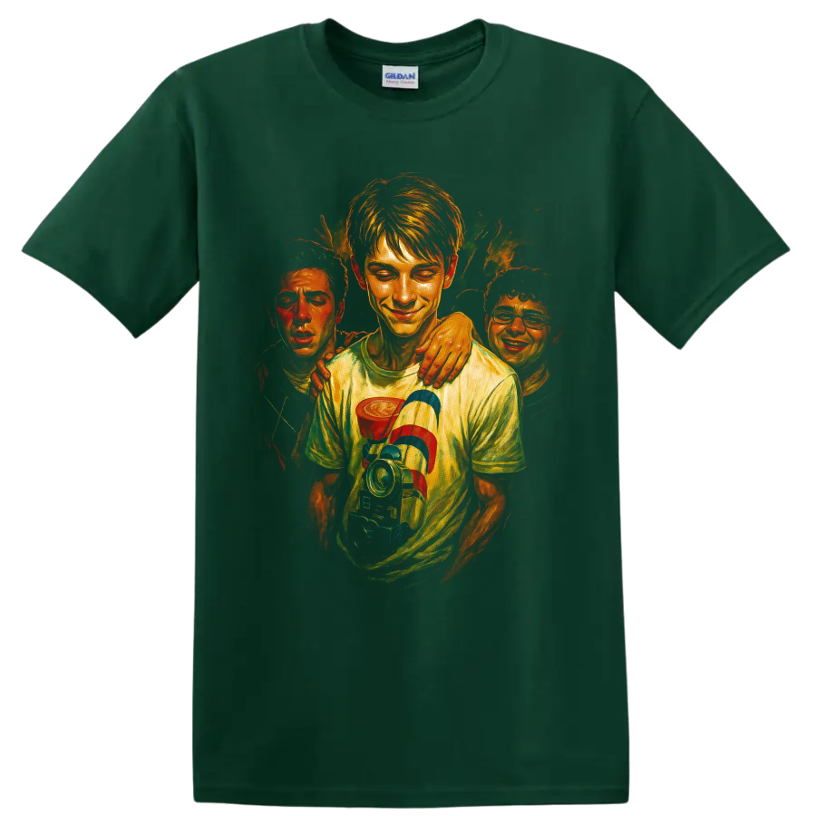 Stranger Things-inspired painted crew character graphic T shirt on a Forest Green T Shirt