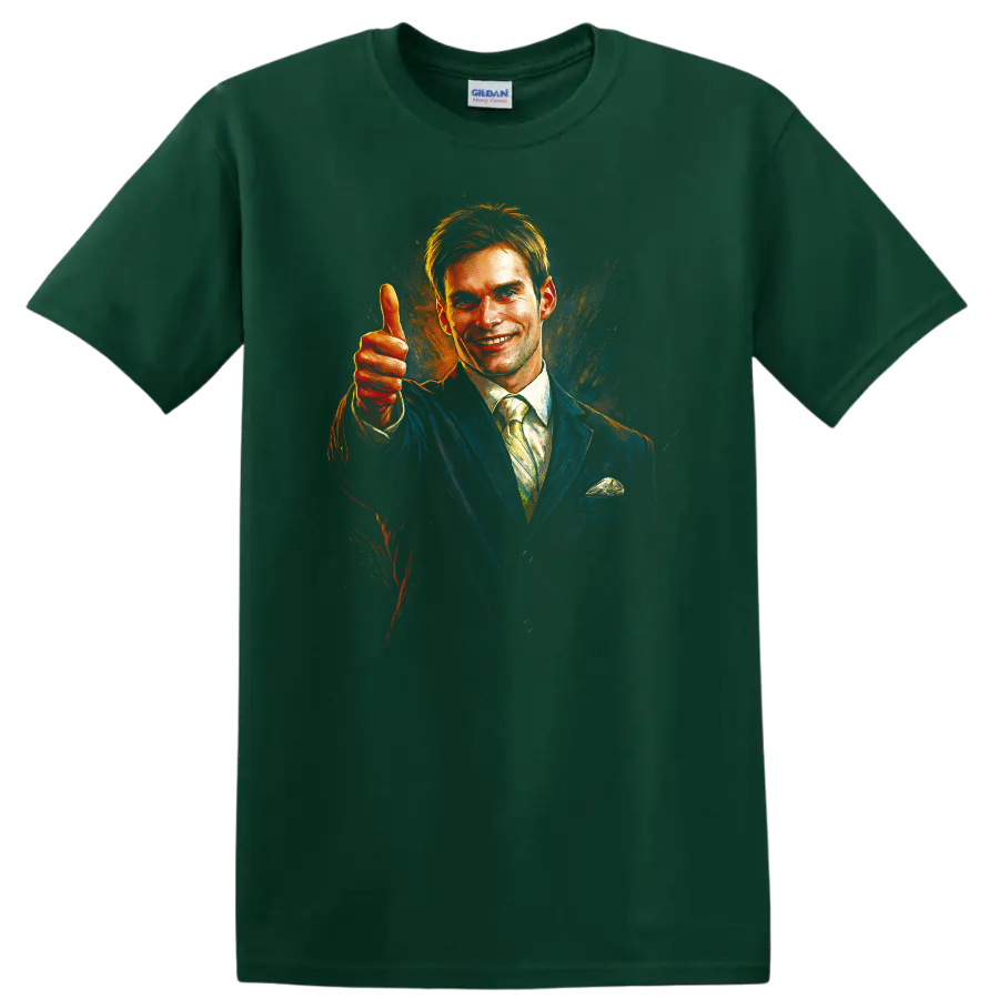 Smiling man in suit giving thumbs up, painterly movie-style graphic T-shirt on a Forest Green T Shirt