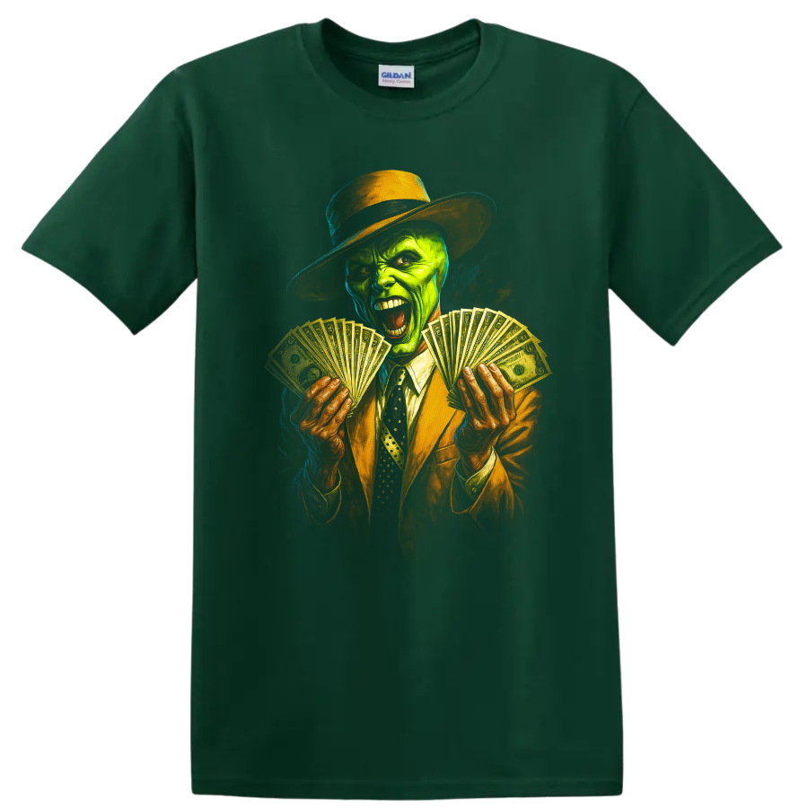 Green face character in hat and suit holding money fans graphic T shirt on a Forest Green T Shirt