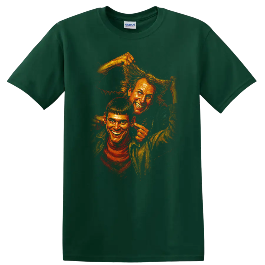 Dumb and Dumber inspired comic-style artwork of two grinning characters on a Forest Green T Shirt