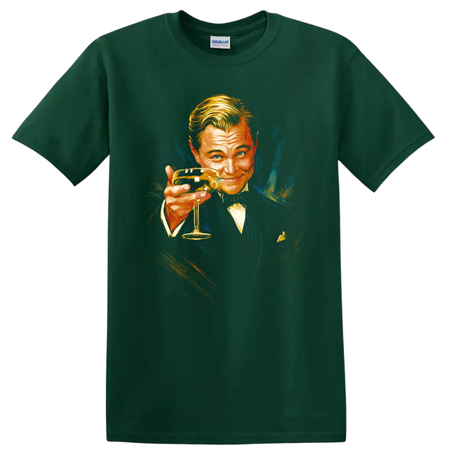 Vintage Great Gatsby portrait holding a champagne glass on a Forest Green T Shirt