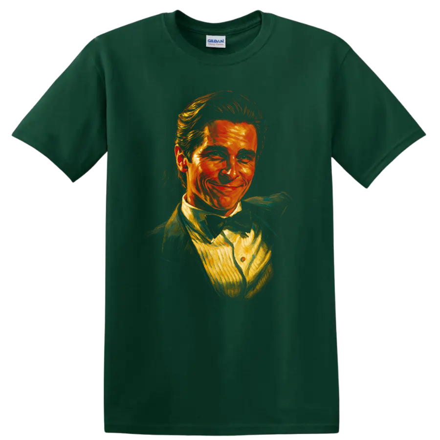 Painterly portrait inspired by American Psycho on a T shirt on a Forest Green T Shirt