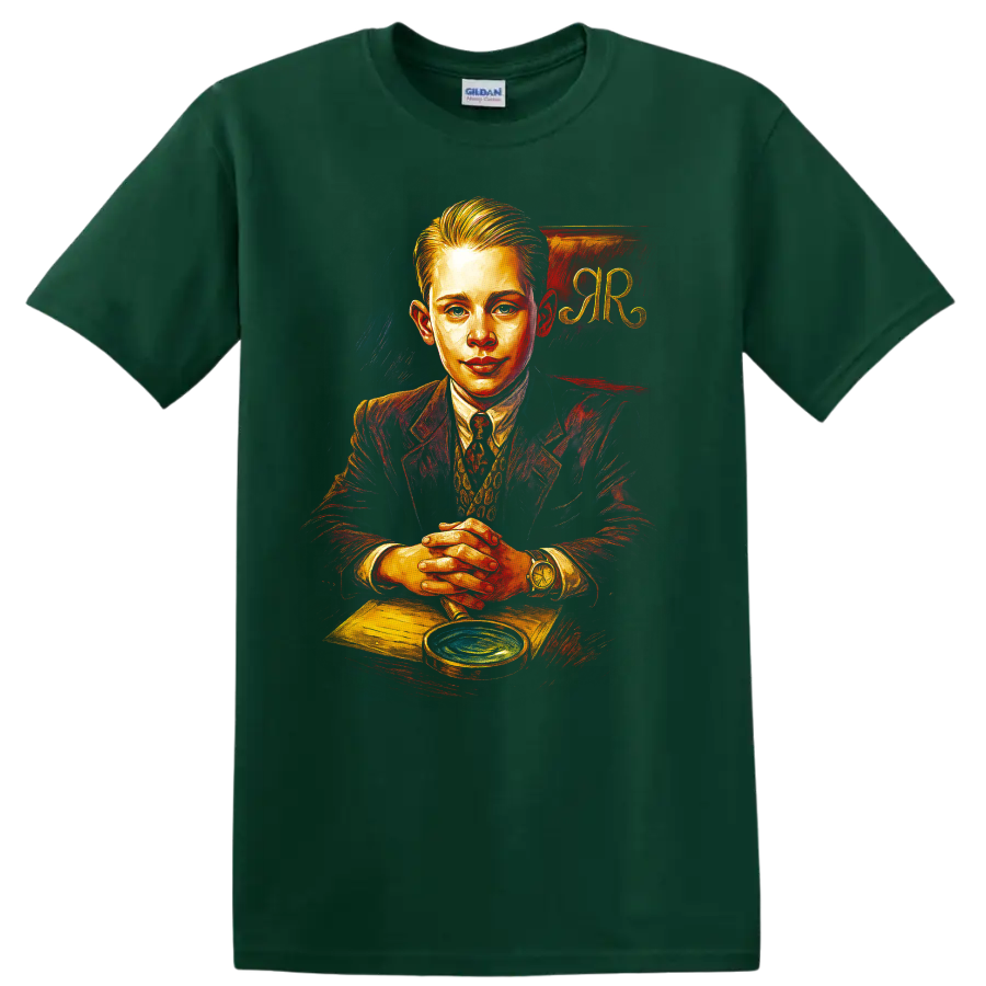 Richie Rich portrait in vintage painted style with RR background on T shirt on a Forest Green T Shirt