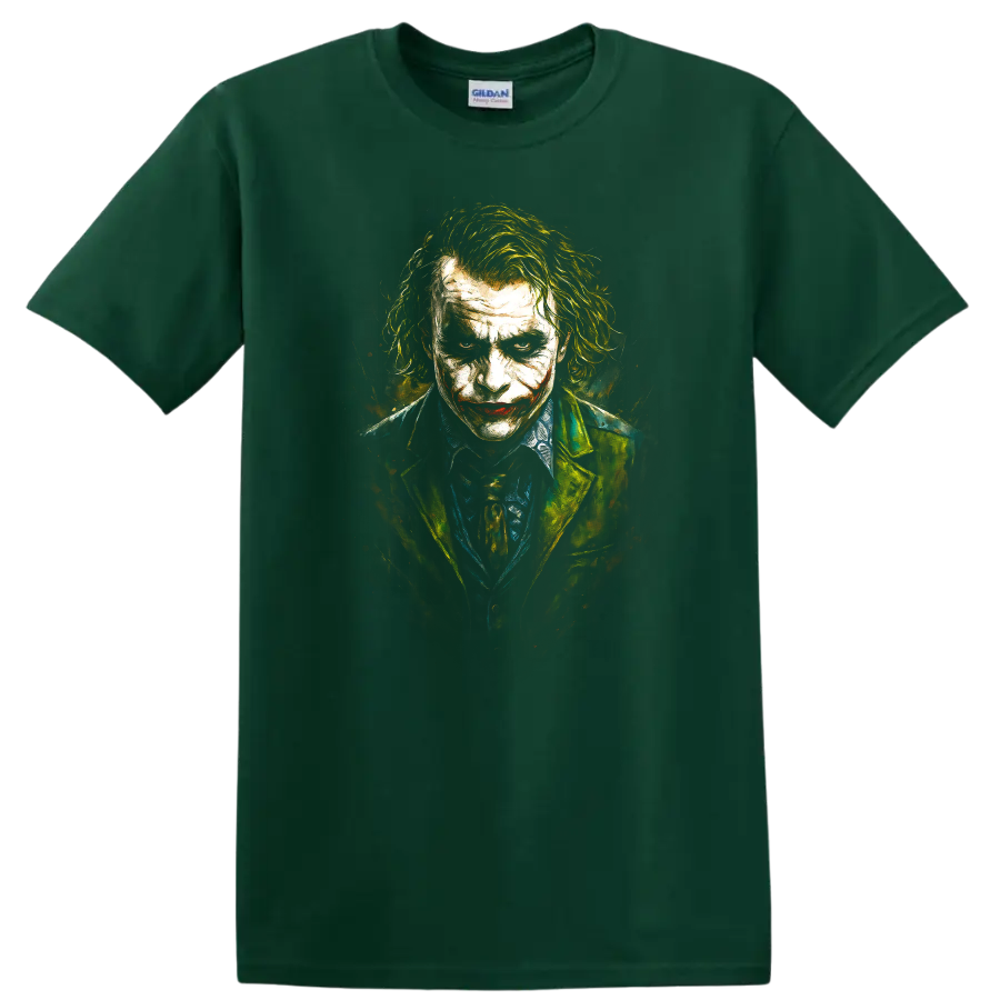 Painted Joker portrait graphic T Shirt with dark dramatic movie style on a Forest Green T Shirt