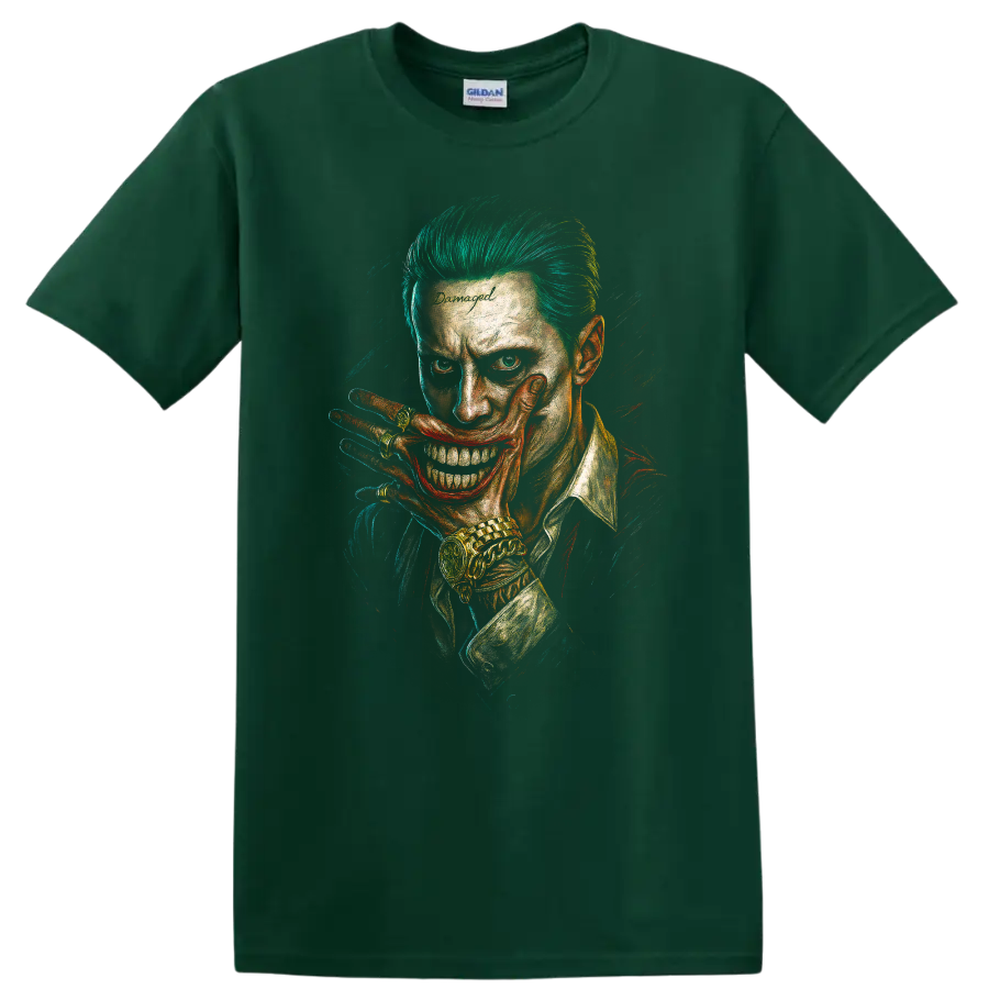 Suicide Squad Joker-style grin portrait with neon green hair graphic T shirt on a Forest Green T Shirt