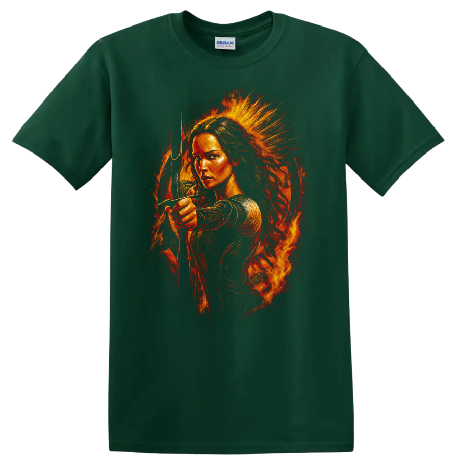 Fiery archer portrait with bow and flames The Hunger Games T Shirt on a Forest Green T Shirt
