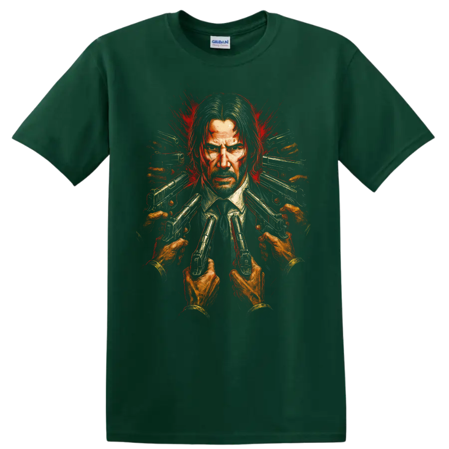 John Wick-inspired portrait with guns pointed inward and red splatter action art T Shirt on a Forest Green T Shirt