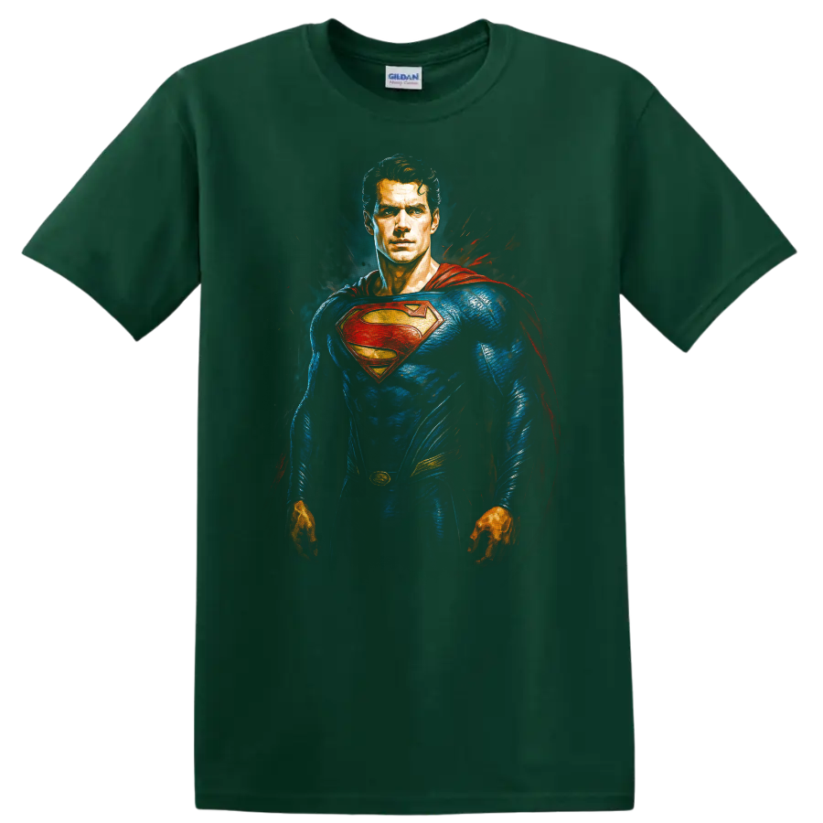 Superman in blue suit and red cape comic-style hero portrait T shirt on a Forest Green T Shirt