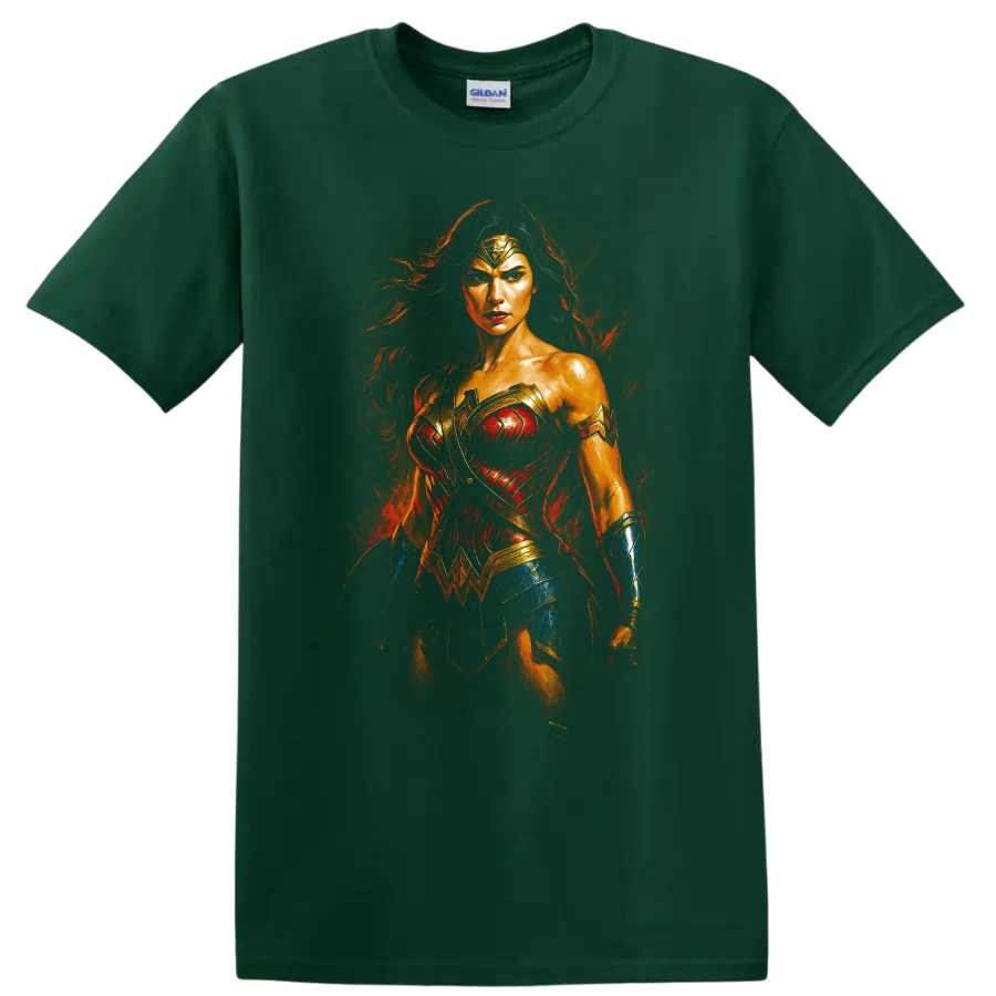 Wonder Woman fiery heroic portrait T Shirt design on a Forest Green T Shirt