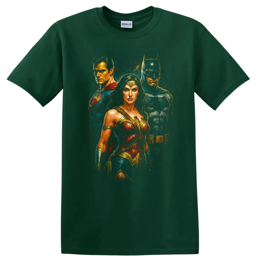 Cinematic Trinity-inspired hero trio portrait design on T shirt on a Forest Green T Shirt