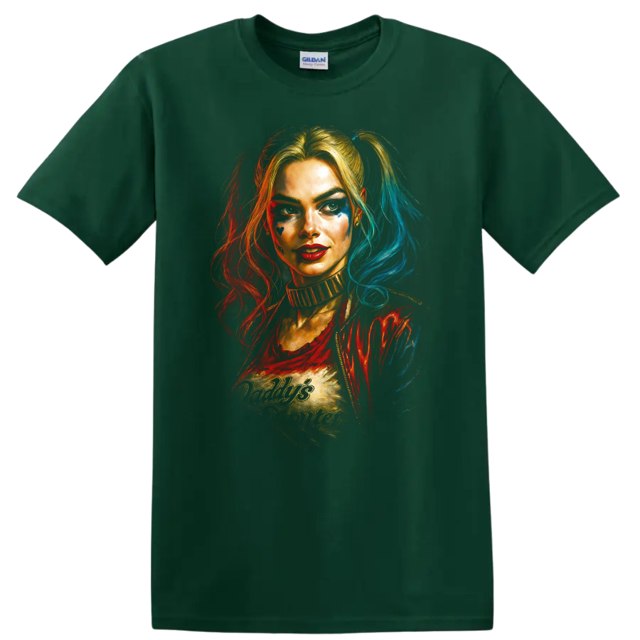Harley Quinn portrait with Daddy's Lil Monster text Suicide Squad T Shirt on a Forest Green T Shirt