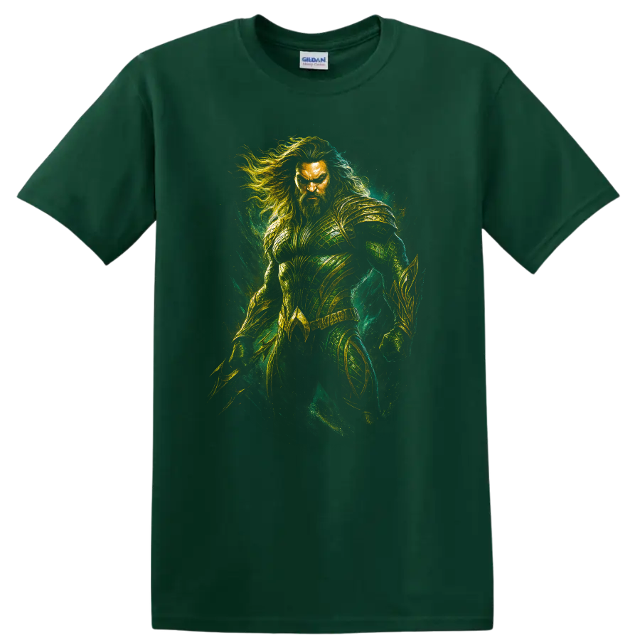 Aquaman-inspired armored hero artwork with green and gold fantasy style T Shirt on a Forest Green T Shirt