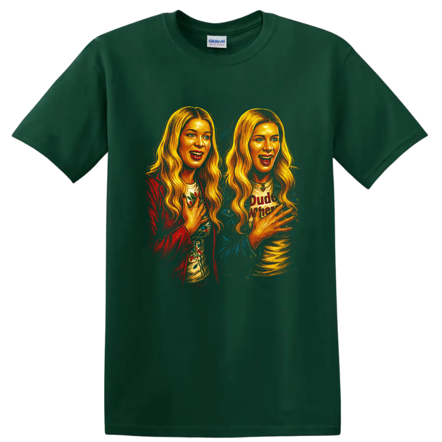 Colorful double portrait fan art inspired by Dude, Where's My Car movie T Shirt on a Forest Green T Shirt