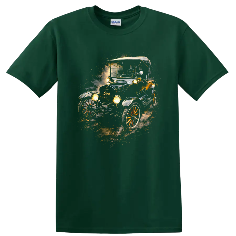 Ford Model T vintage old car graphic print with glowing headlights and dusty motion effect on a Forest Green T Shirt