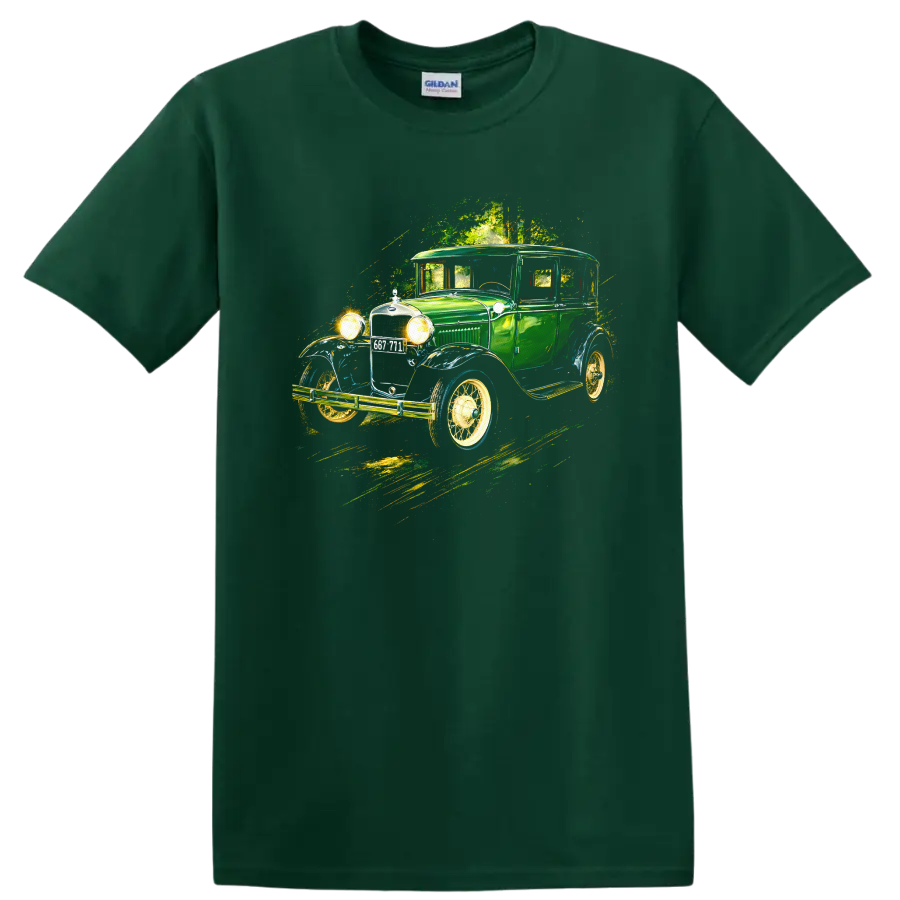 Green Ford Model A 1930 vintage car graphic print T-shirt on a Forest Green T Shirt