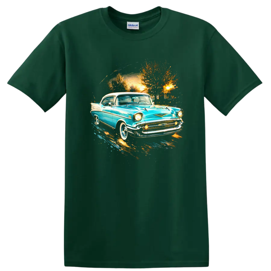 Turquoise 1957 Chevrolet Bel Air classic car graphic print with sunset backdrop on a Forest Green T Shirt
