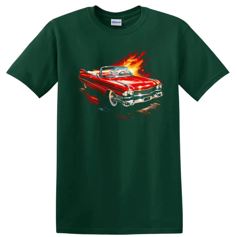 Red 1959 Cadillac Eldorado convertible with fiery motion graphic print on a Forest Green T Shirt