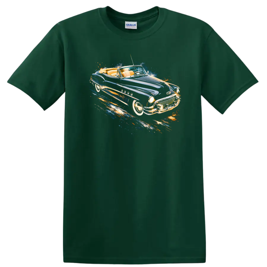 1951 Buick Super Convertible vintage car graphic print with blue and chrome details on a Forest Green T Shirt